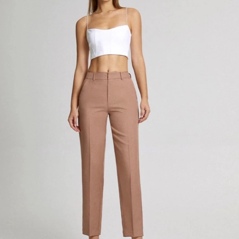 Commense High Waisted Cropped Skinny Straight Leg Trousers Light Brown/tan Small